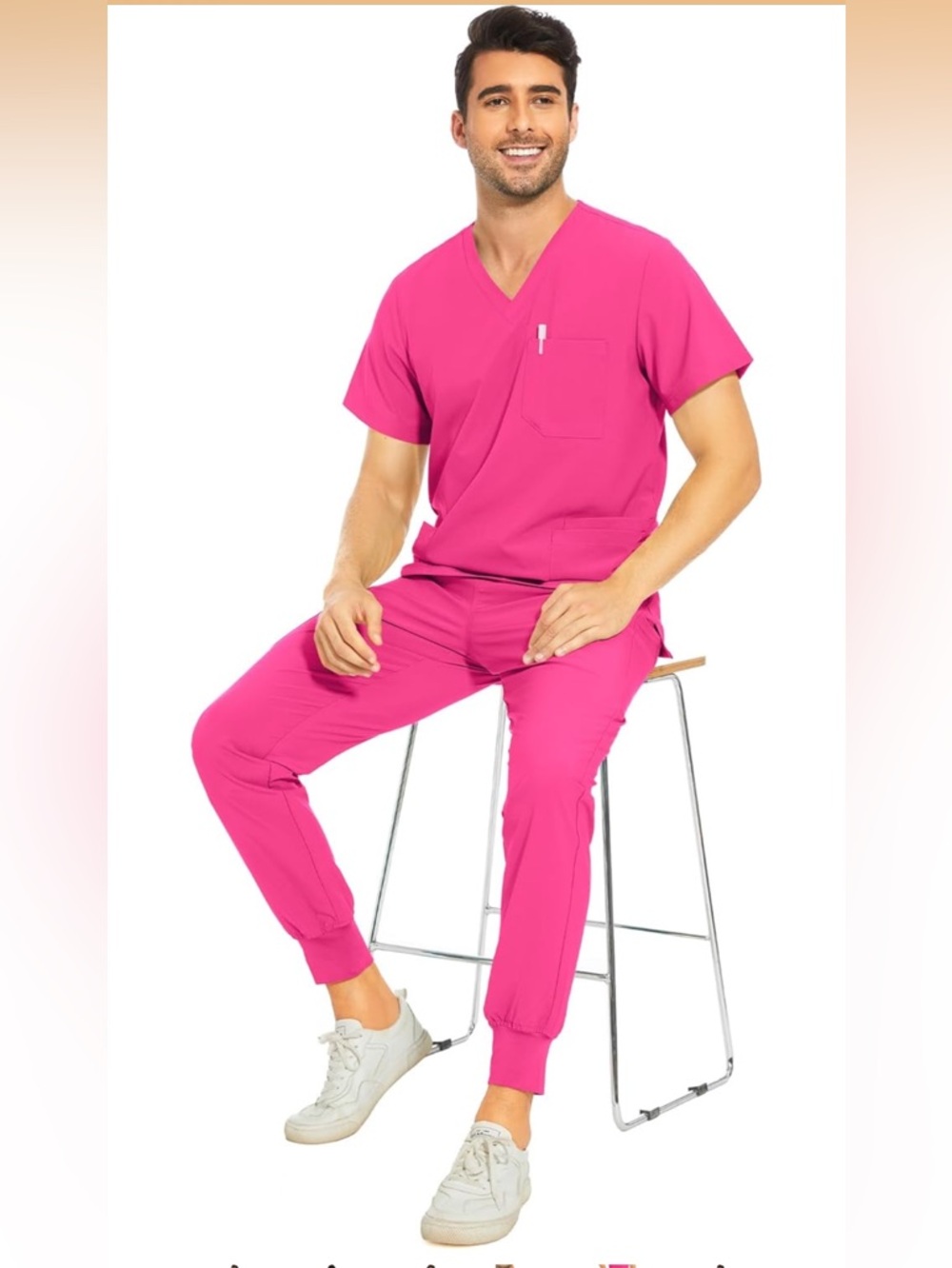 COZYFIT V-Neck Scrub Top &Jogger Pant W/8 Pockets, Anti Wrinkle, M-Tall Hot Pink - Picture 6 of 12